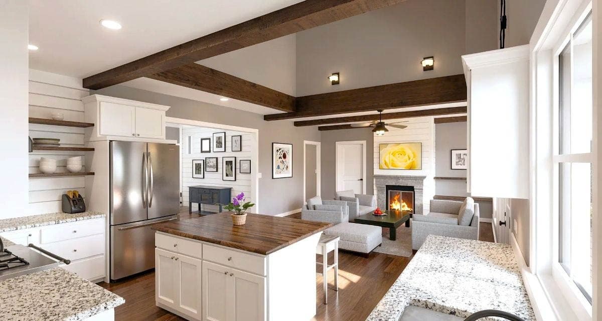Interior rendering of an open-concept living area with a vaulted ceiling, exposed beams, kitchen island, and dining nook.