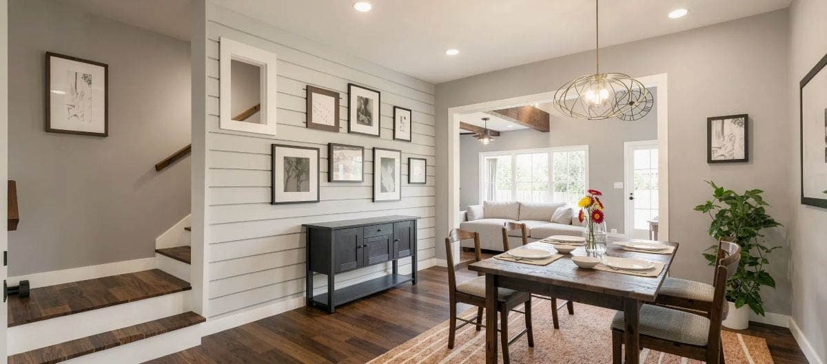 Interior view: Dining room with wood table and chairs, shiplap wall with framed art, stairs and entrance to great room with fireplace.