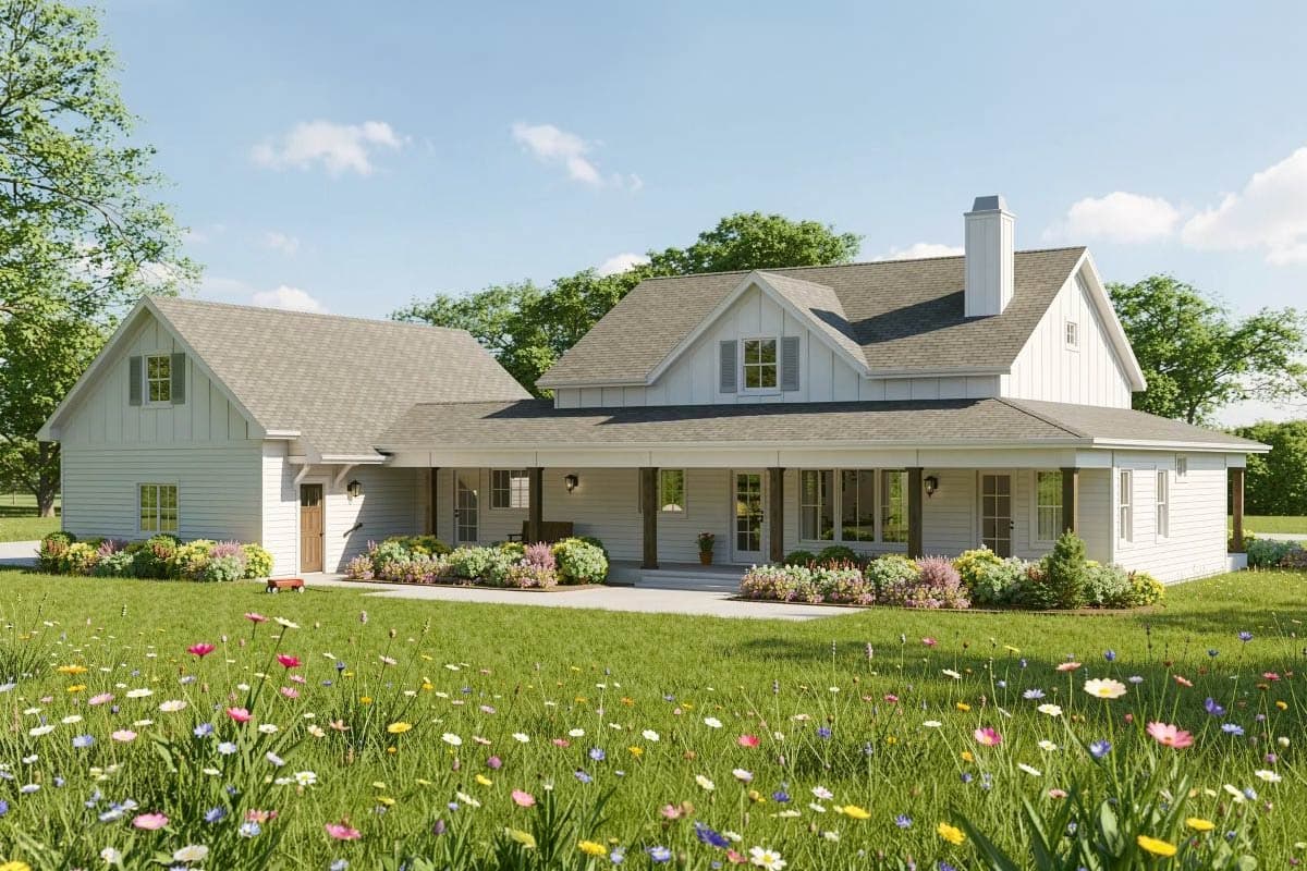 House plan exterior: Modern Farmhouse style, two stories, wraparound porch, gables, and a prominent chimney.