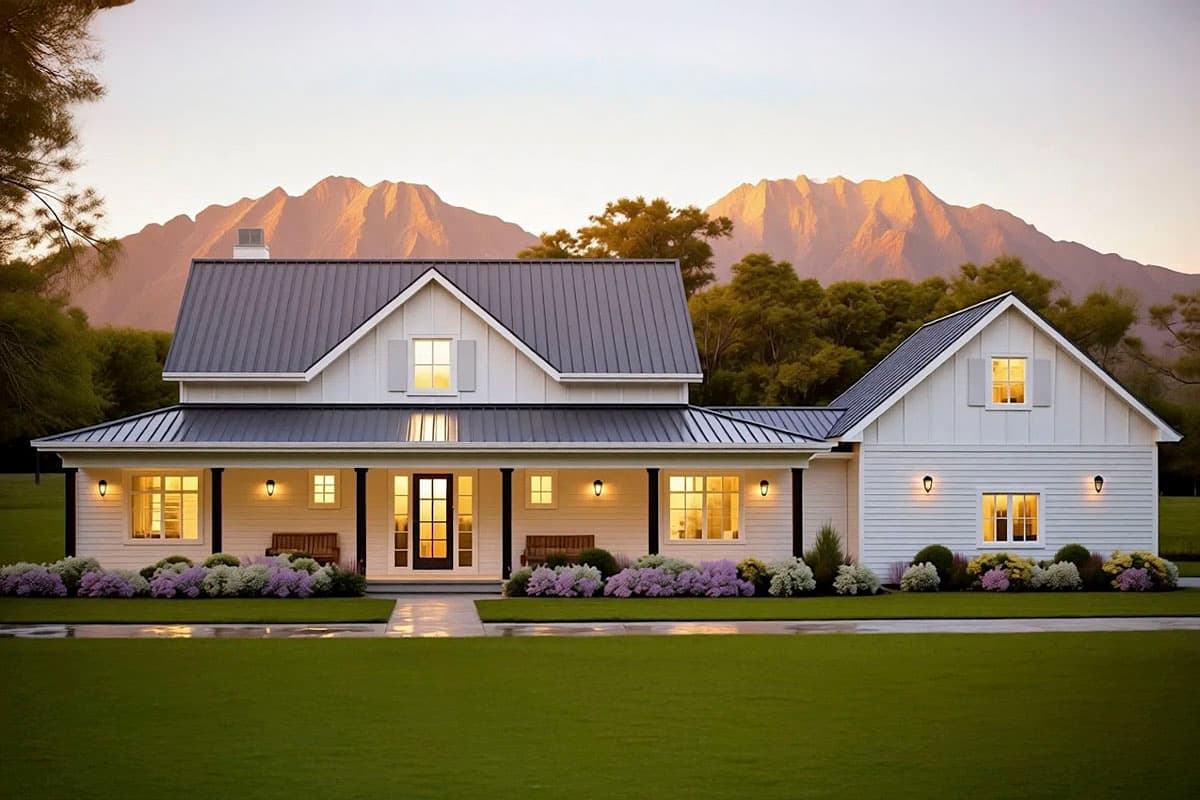 A white farmhouse with a dark gray roof stands at sunset, with mountains in the background and a lush green lawn. Colorful flowers line the porch.