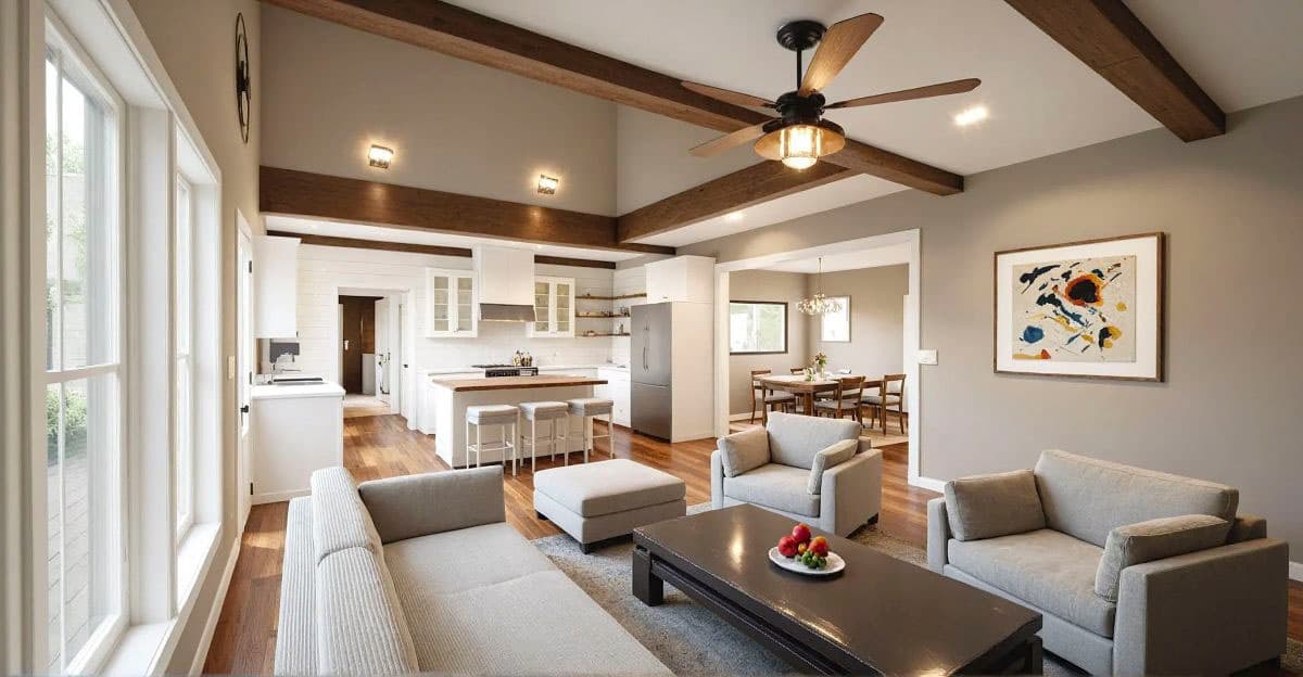 Interior rendering of an open-concept living area with a vaulted ceiling, exposed beams, kitchen island, and dining nook.