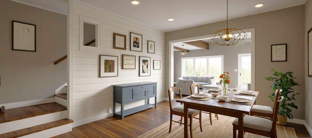 Interior view: Dining room with wood table and chairs, shiplap wall with framed art, stairs and entrance to great room with fireplace.