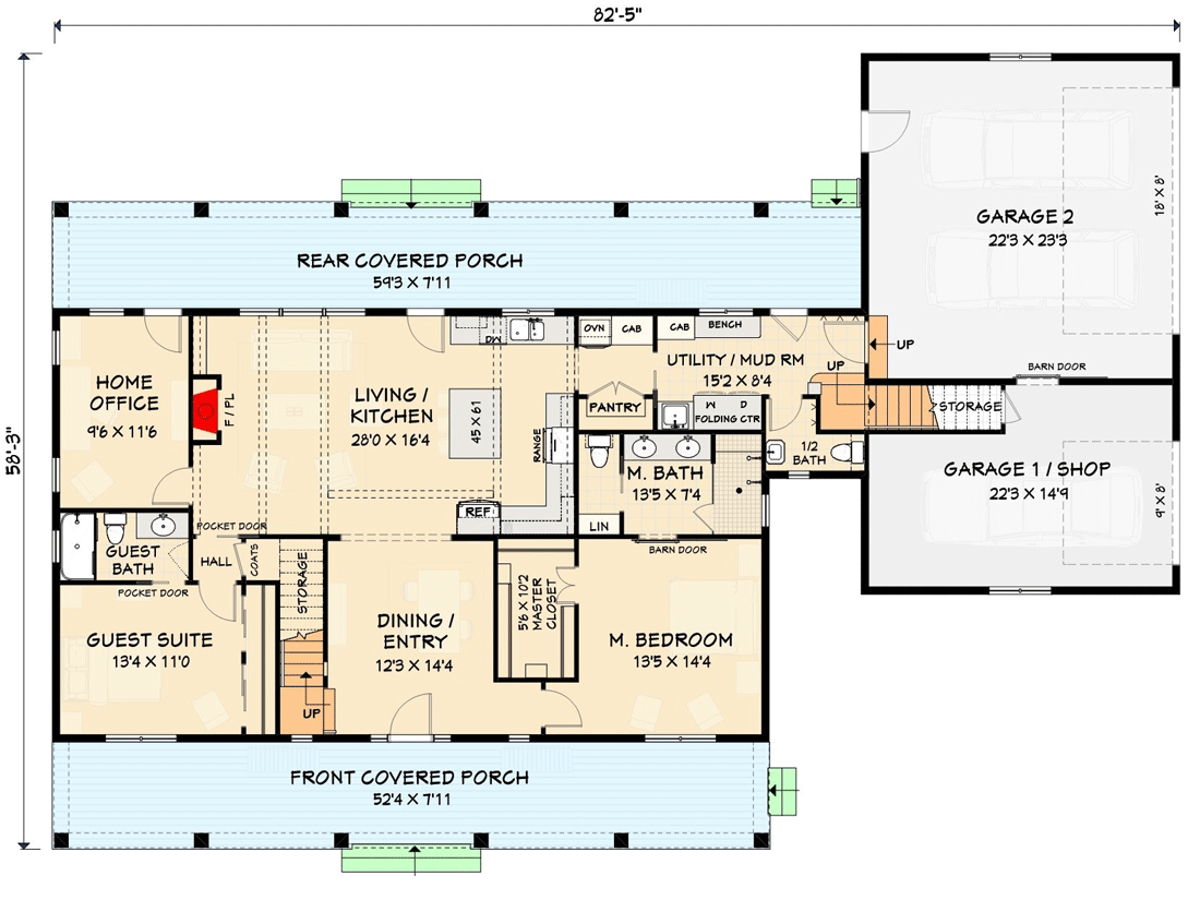 Plan 28945JJ: Modern Farmhouse Plan with Home Office and Optional Bonus Rooms - Floor Plan - Main Level - Country, Farmhouse, Modern Farmhouse, New American