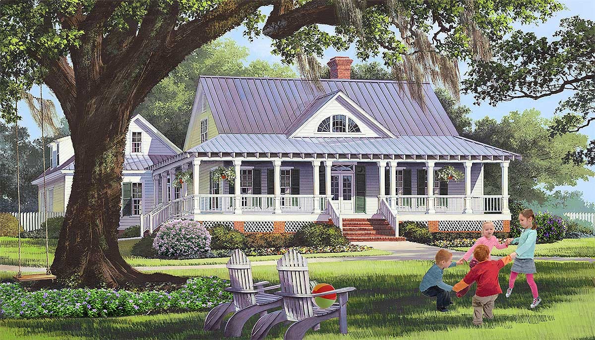 House plan exterior featuring a wraparound porch, dormers, gables, and metal roof.