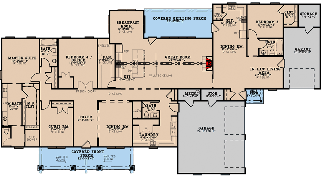 Plan 70812MK: Multi-generational Ranch Home Plan with 1-Bed Apartment Attached - 3777 Sq Ft - Floor Plan - Main Level - Country, Craftsman, New American, Ranch