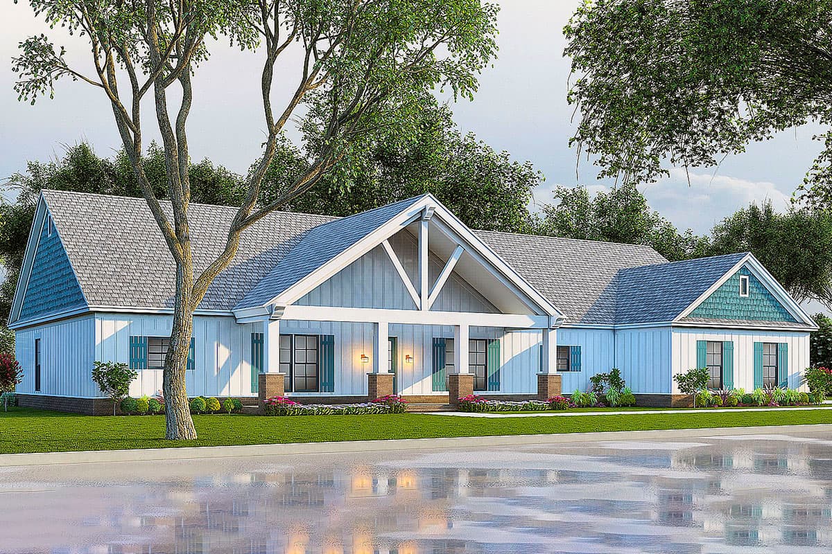 Modern Farmhouse house plan exterior with a prominent covered porch, gabled rooflines, and board-and-batten siding.