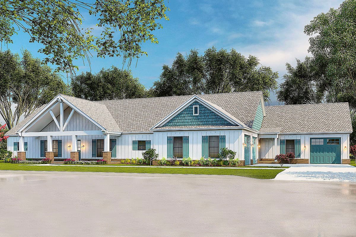 House plan exterior: One-story farmhouse with gabled roof, exposed rafter tails, and covered porch with supporting columns, and garage.