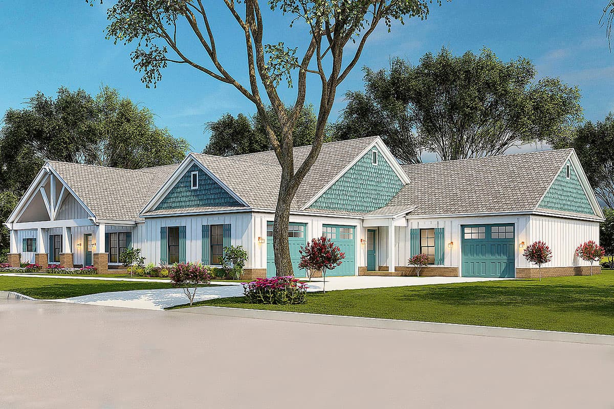 House plan exterior: One-story Modern Farmhouse with a wide porch, triple garage doors, and blue gabled dormers.