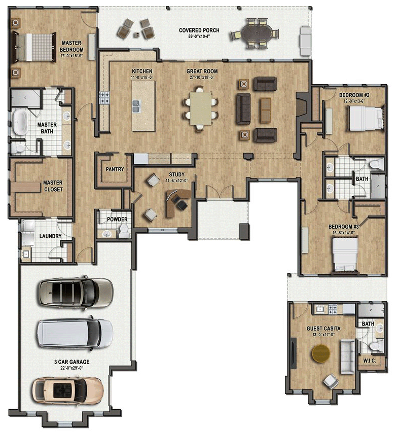 Plan 430077LY:  One-level Home Plan with Guest Casita - Floor Plan - Main Level - European, New American, Ranch, Transitional