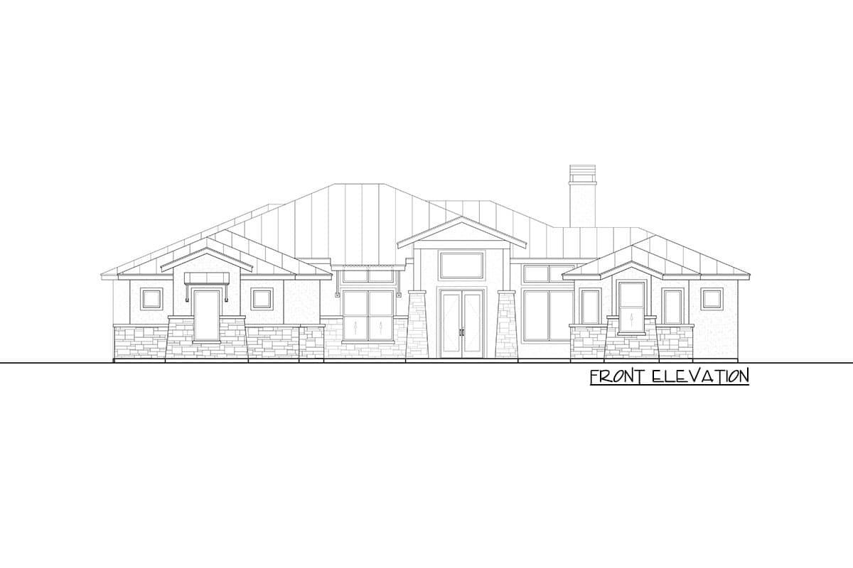 Front elevation drawing of a single-story house plan with stone accents, a covered entry, and multiple gables.