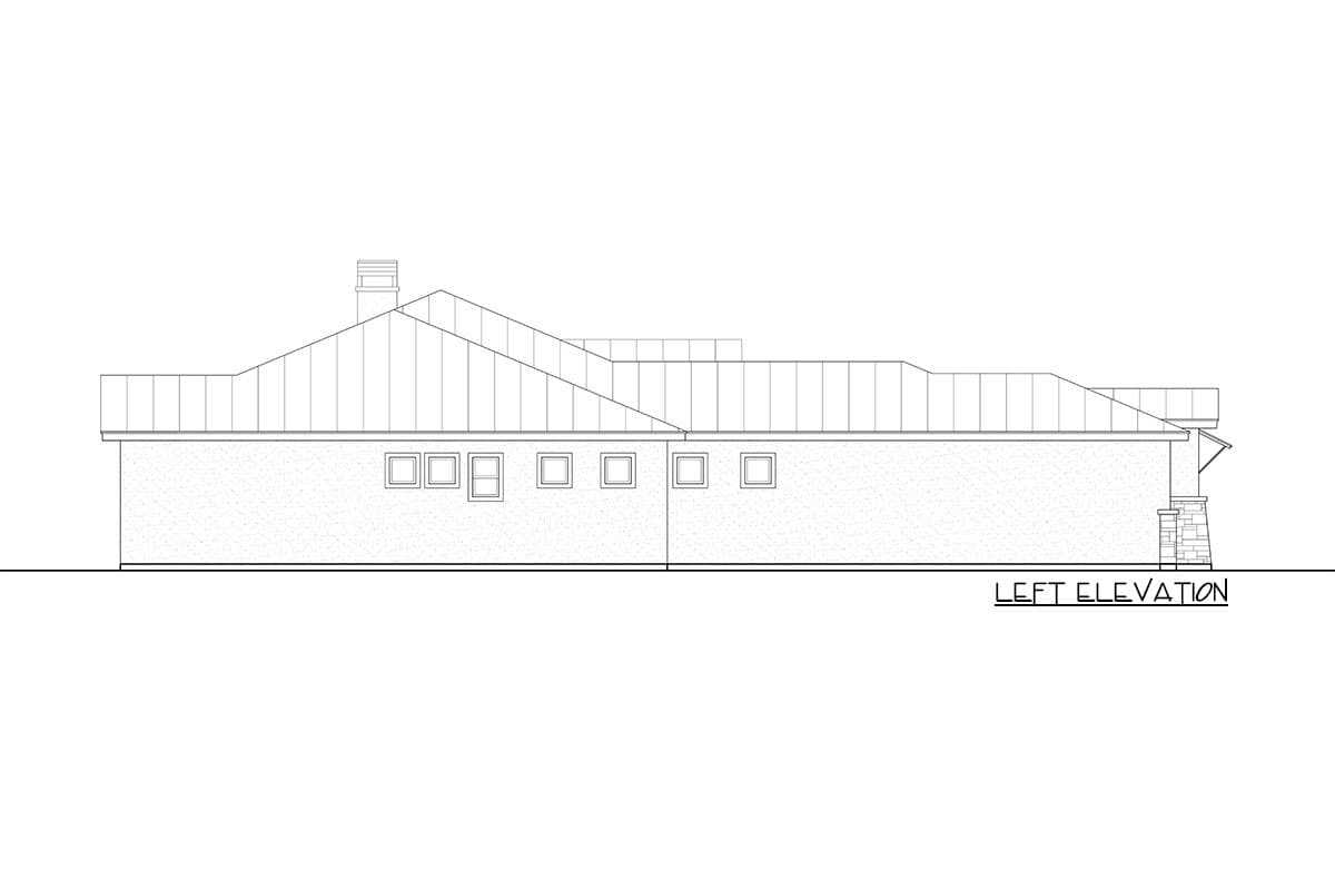 Left elevation drawing of a single-story house plan with a metal roof, numerous windows, and stone accent near the entrance.