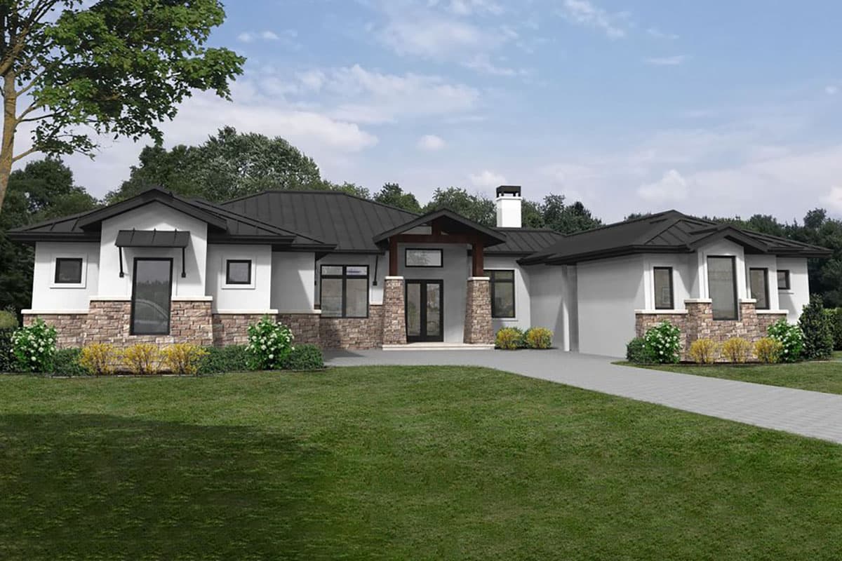House plan exterior featuring a contemporary style, single-story, with a mixed roofing, stone accents, and an attached garage.