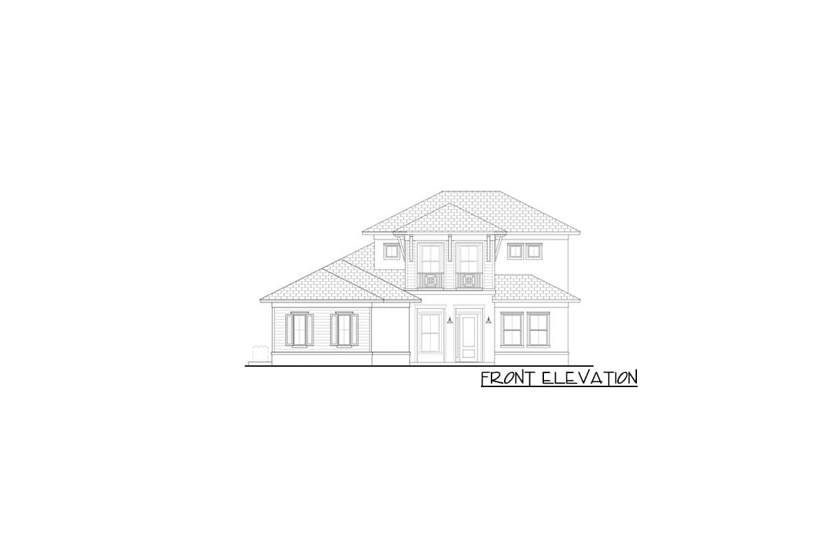 Front elevation drawing of a two-story house with multiple gables, a covered entryway, and a second-story balcony.