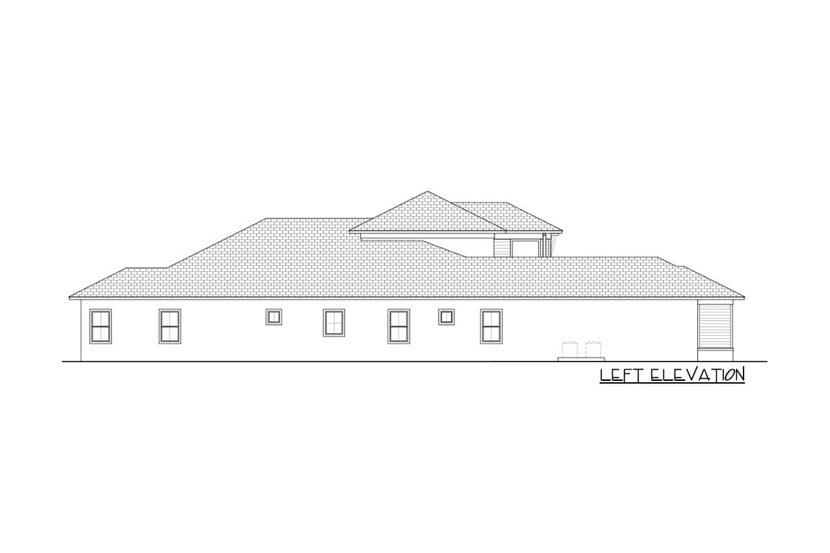 Left elevation house plan with a single story, multiple gables, and an attached garage.