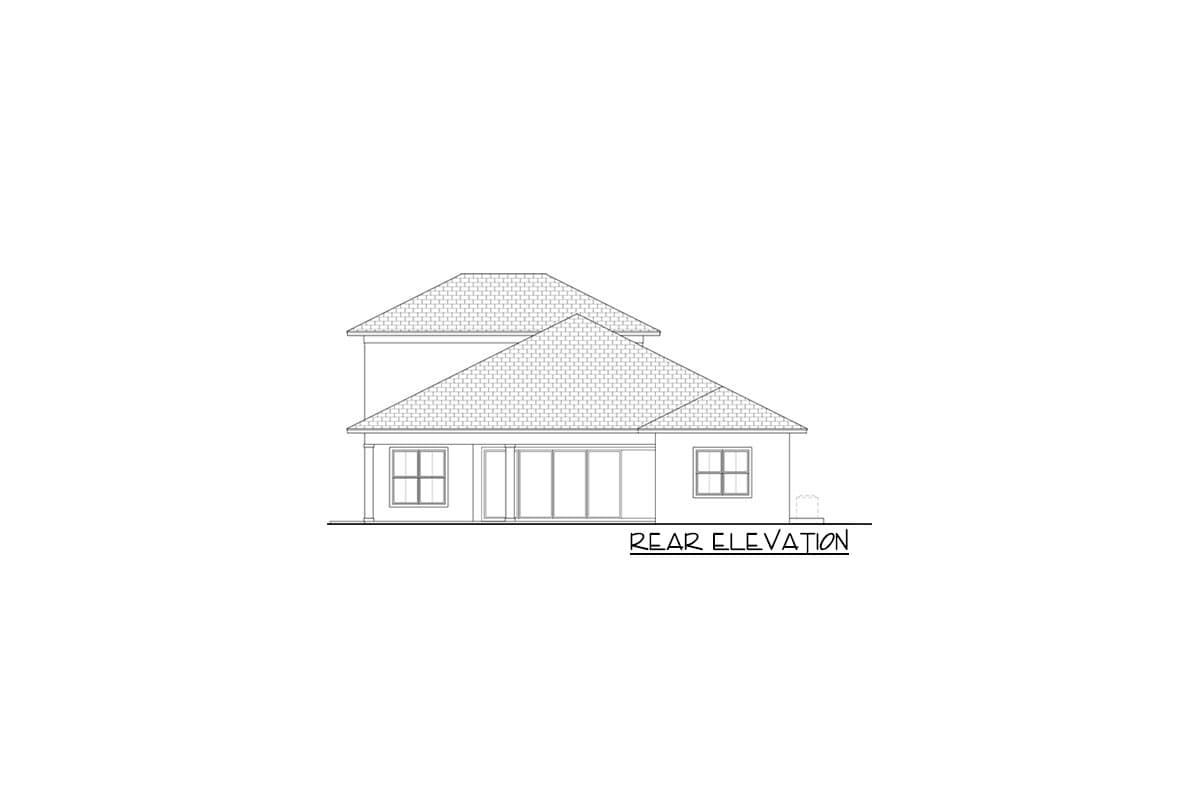 Rear elevation house plan drawing showing a two-story structure with a hipped roof, multiple windows, and sliding glass doors.