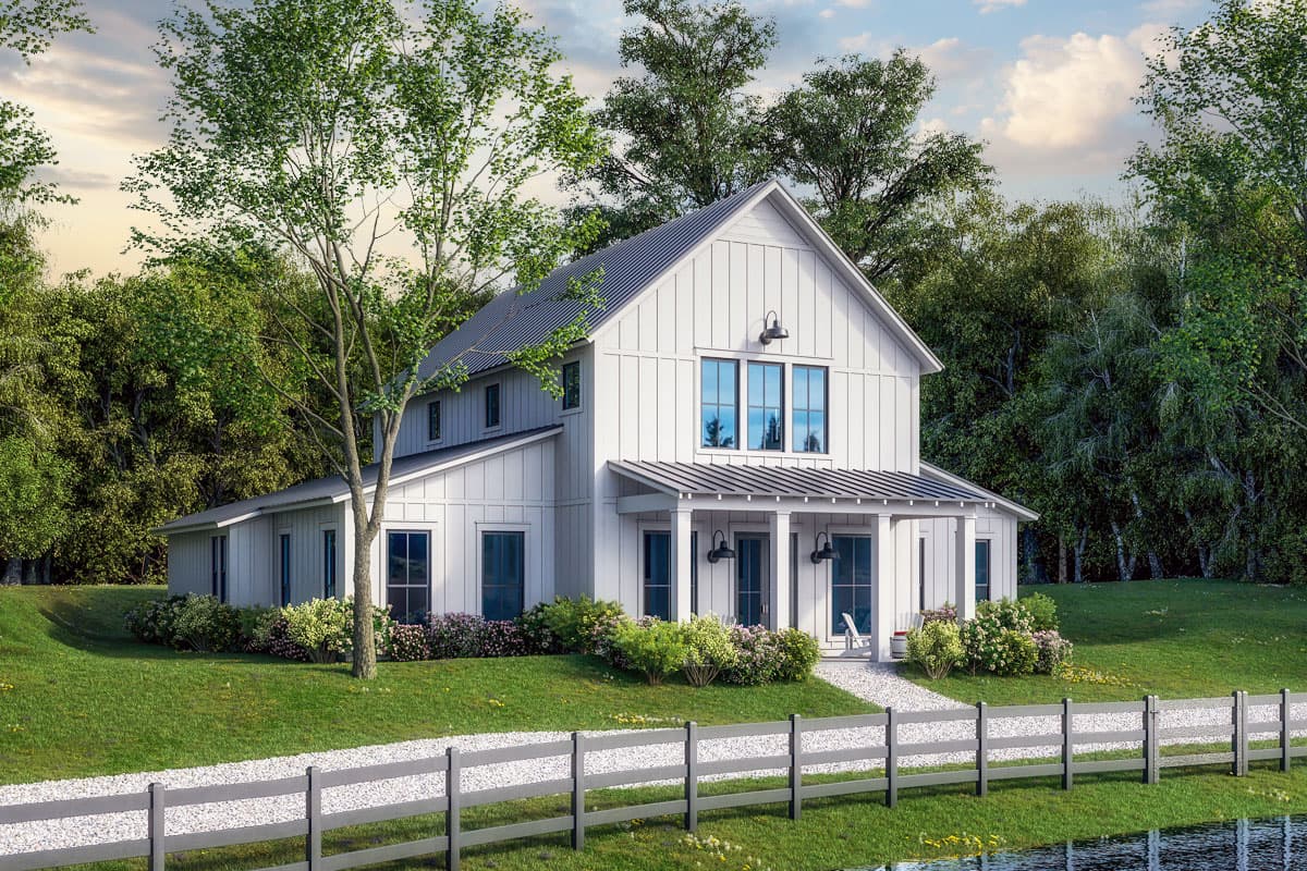 House plan exterior. Modern Farmhouse style, two-story home with a gabled roof and covered porch. Features include board and batten siding.