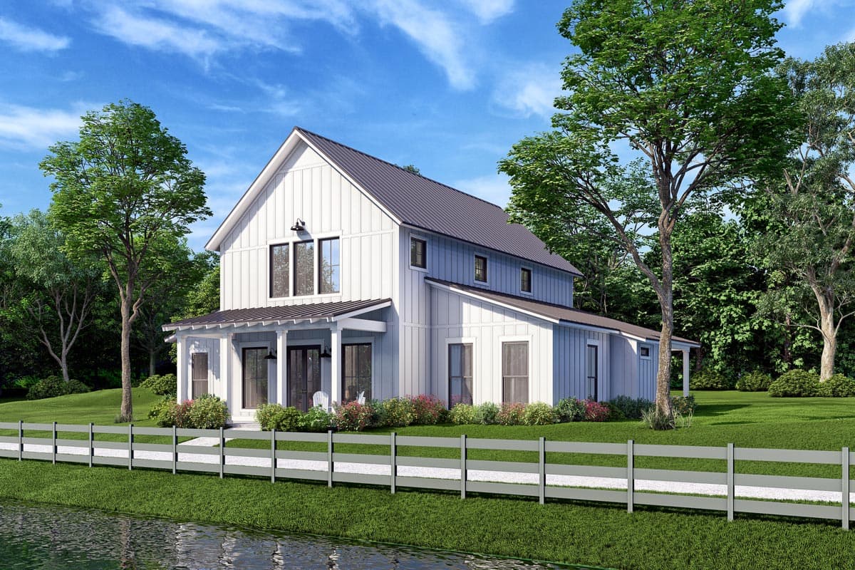 Modern Farmhouse house plan exterior with board and batten siding, metal roof, and covered porch.