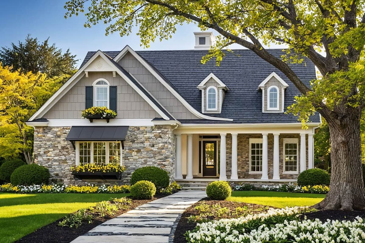 A stone-and-shingle house with a front path leading to the entrance. Lush green lawn with flower beds and a large tree in the front yard.