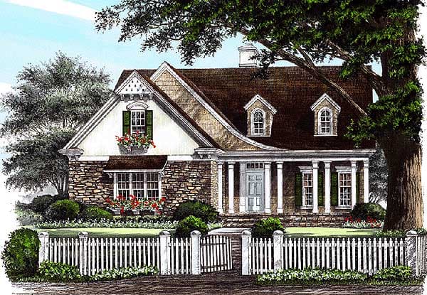 House plan exterior: Traditional style, one-and-a-half stories, stone facade, portico with columns, dormer windows.
