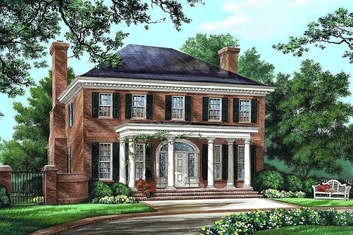 House plan exterior: two-story brick house with a portico supported by four columns, symmetrical facade, and prominent chimneys.