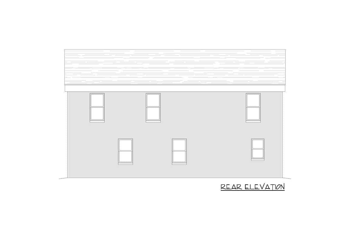 Rear elevation drawing of a two-story house plan with six symmetrically placed windows.