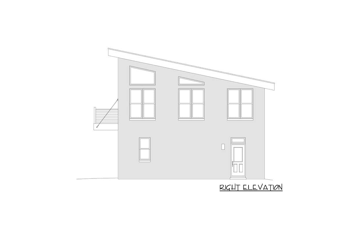 Right elevation house plan featuring a sloped roof, multiple windows, and a centered front door.