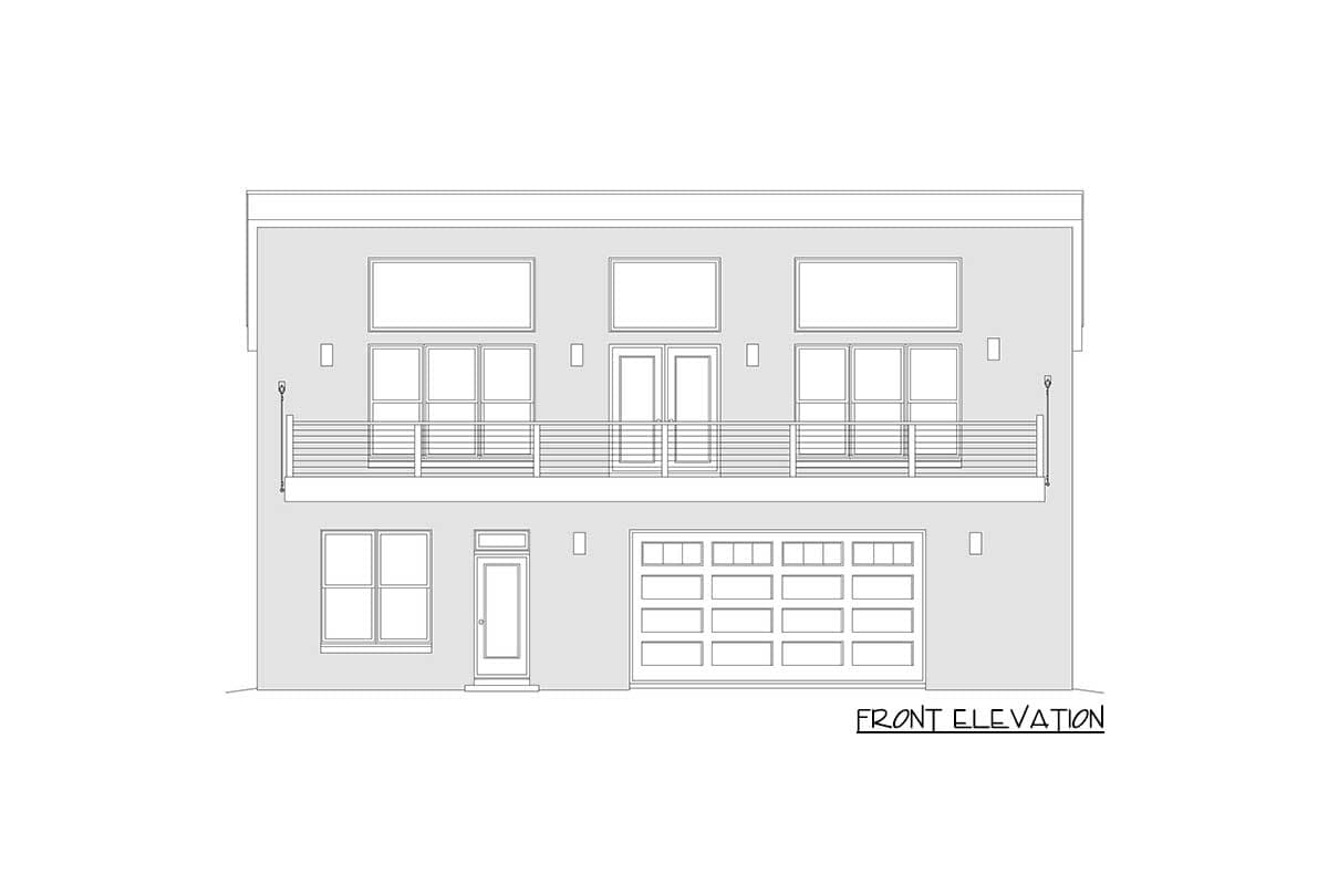 Front elevation drawing of a two-story house plan with a two-car garage, front door, and balcony with metal railing.