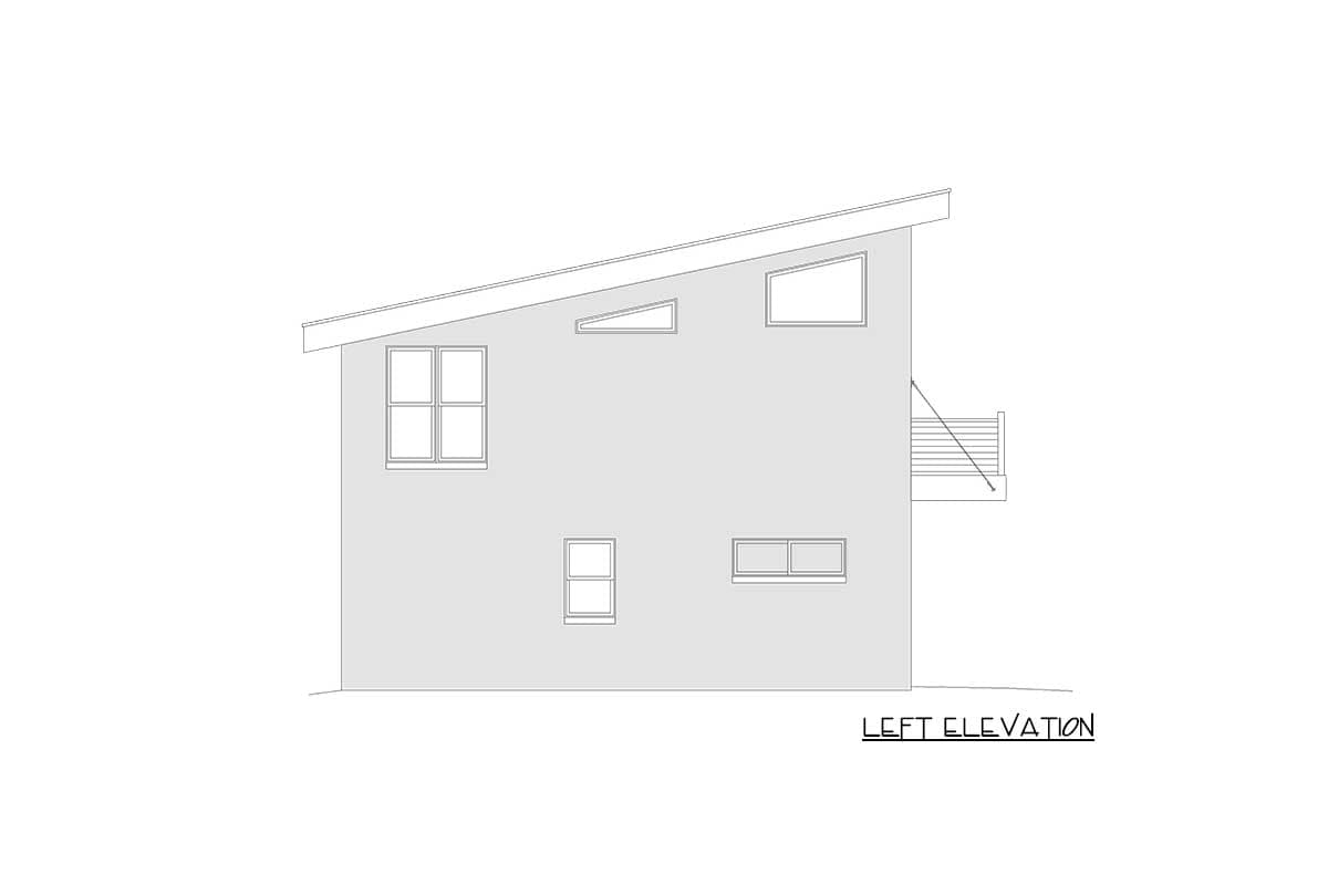 Left elevation drawing of a house with a sloped roof, multiple windows, and a balcony.