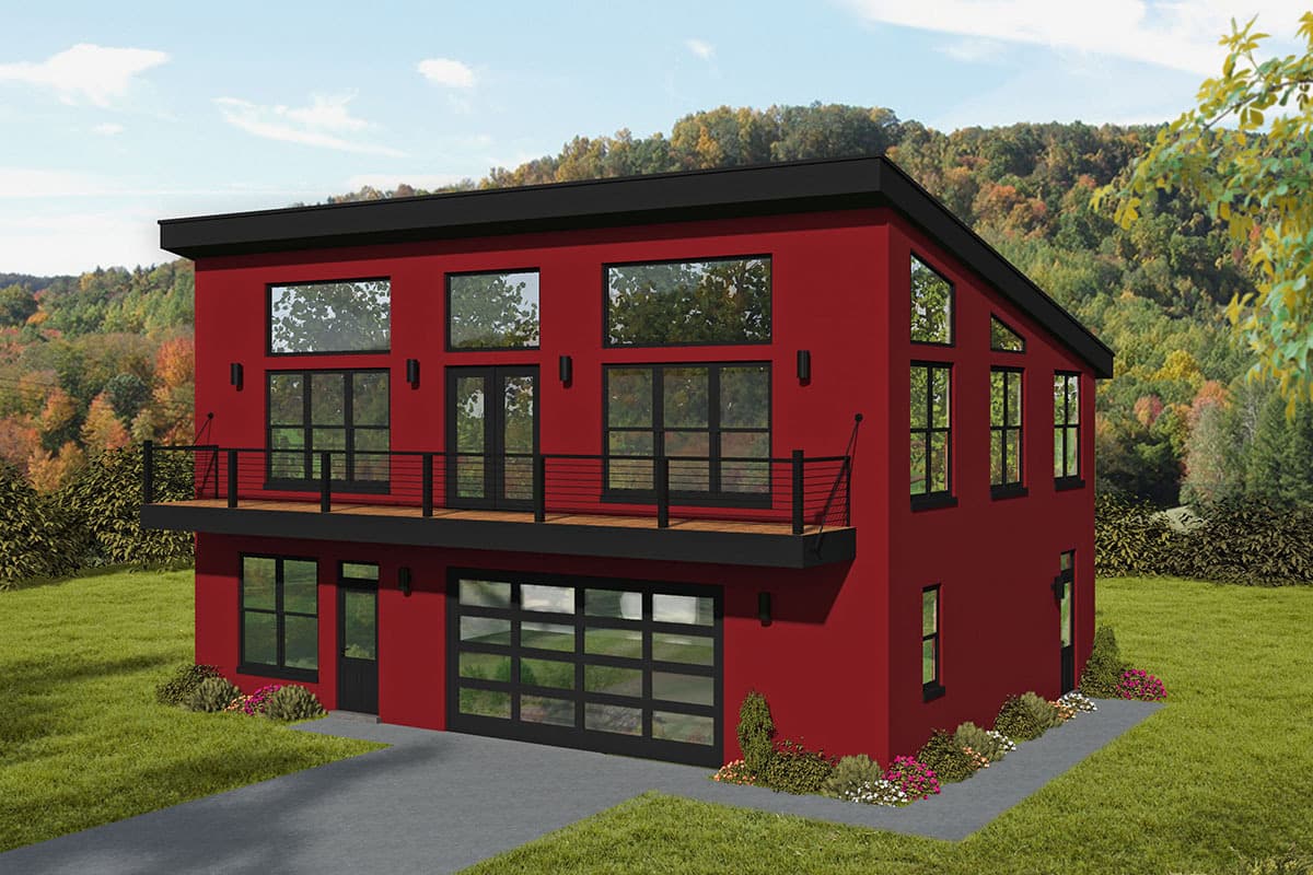 House plan exterior. Two-story modern house with a flat roof, balcony with metal railing, and a glass-paneled garage door.
