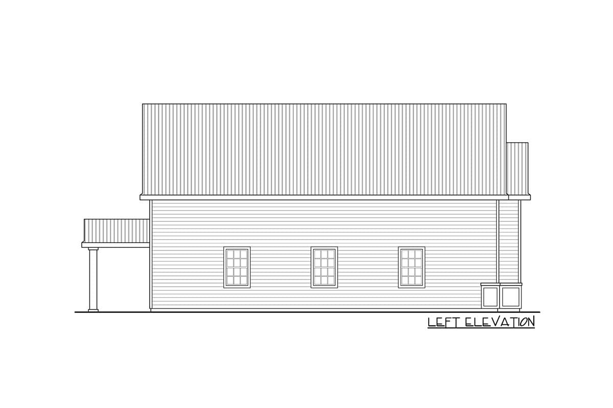 Left elevation of a house plan showing a two-story structure with horizontal siding, a gable roof, and a covered porch with columns.
