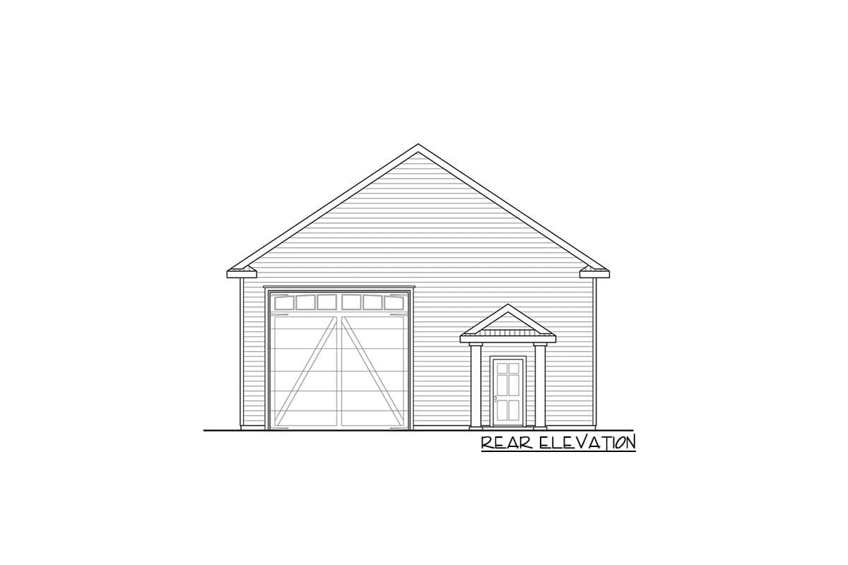 Rear elevation drawing of a garage with a large overhead door and a small side entry door with a pediment.