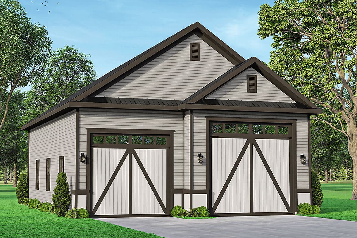 House plan exterior. Two-car garage with Craftsman-style elements. Features include gabled roof, vertical siding, and carriage-style garage doors.