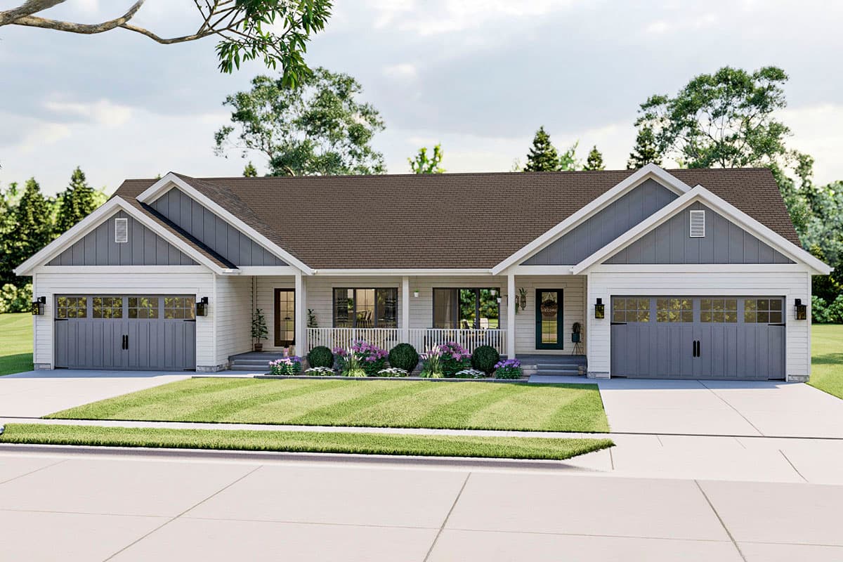 House plan exterior. Ranch style with two stories, two-car garage, front porch, and gable roof. Siding is white and grey.