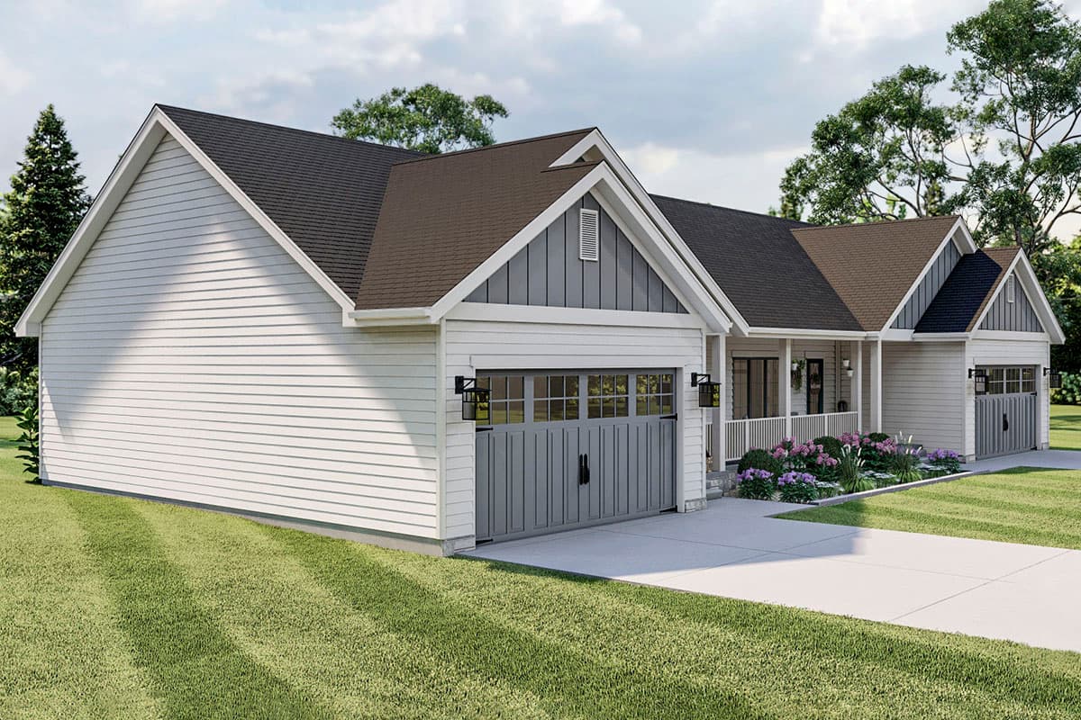 House plan exterior: Modern Farmhouse style, two-car garage, front porch, gabled rooflines.