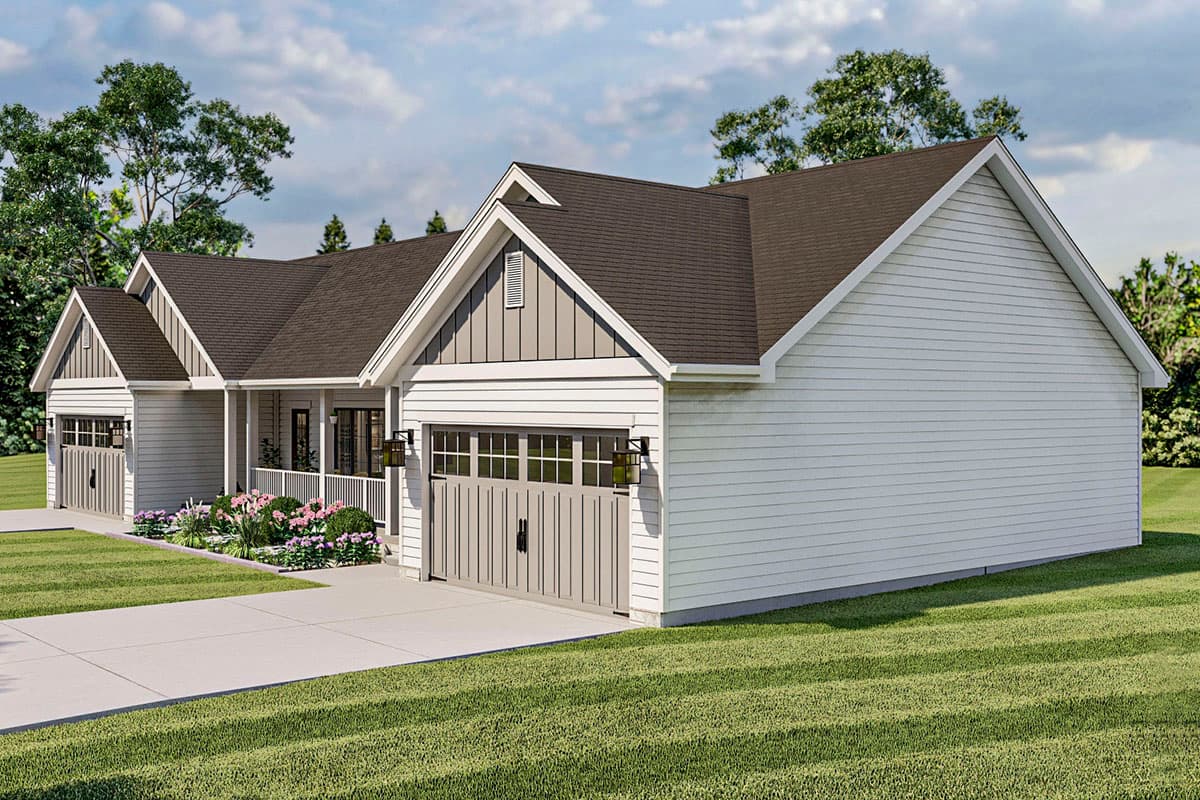 House plan exterior: Ranch style, 1 story, three-car side-entry garage, front porch, gable dormers.
