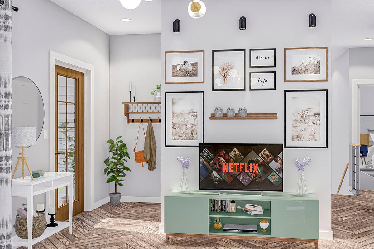 Interior rendering of entryway with wood door, console table, coat rack, and media console with television.