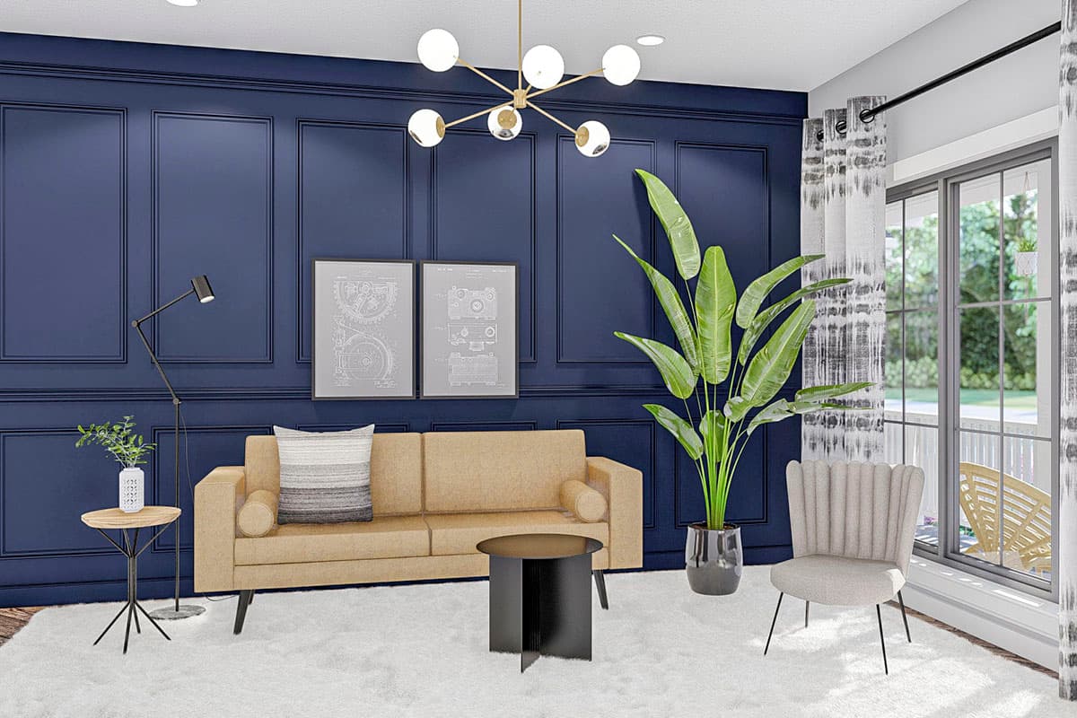 Living room rendering with paneled navy blue walls, tan sofa, floor lamp, plant, and modern chandelier.