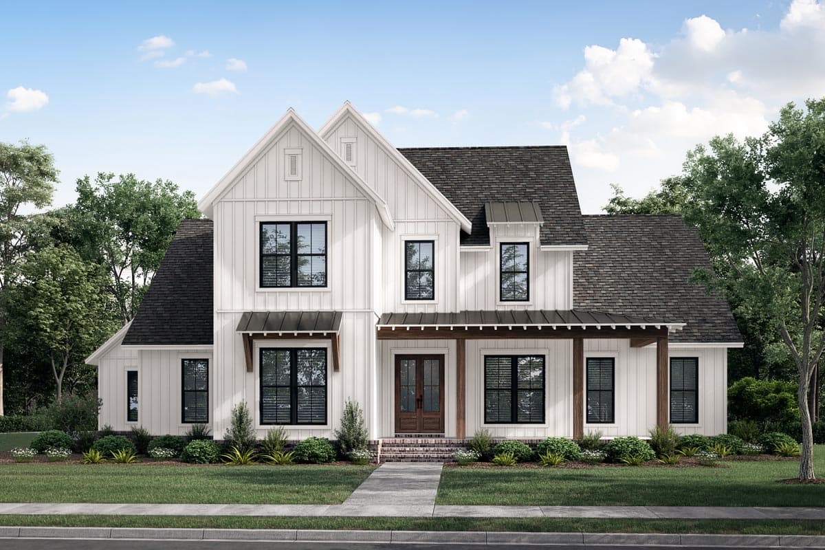 House plan exterior. Two-story Modern Farmhouse with gables, a covered porch, and a metal roof over the front entry.
