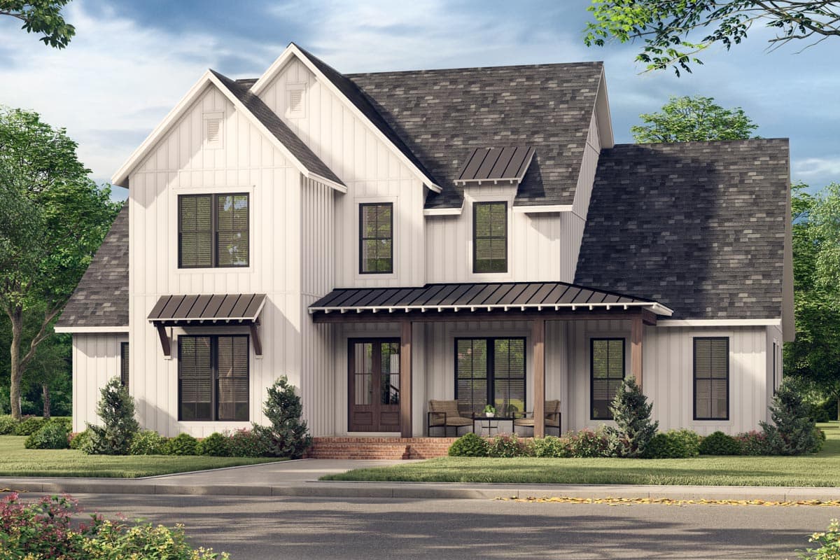 Modern Farmhouse house plan exterior with two stories, gables, and a covered front porch with wood posts.