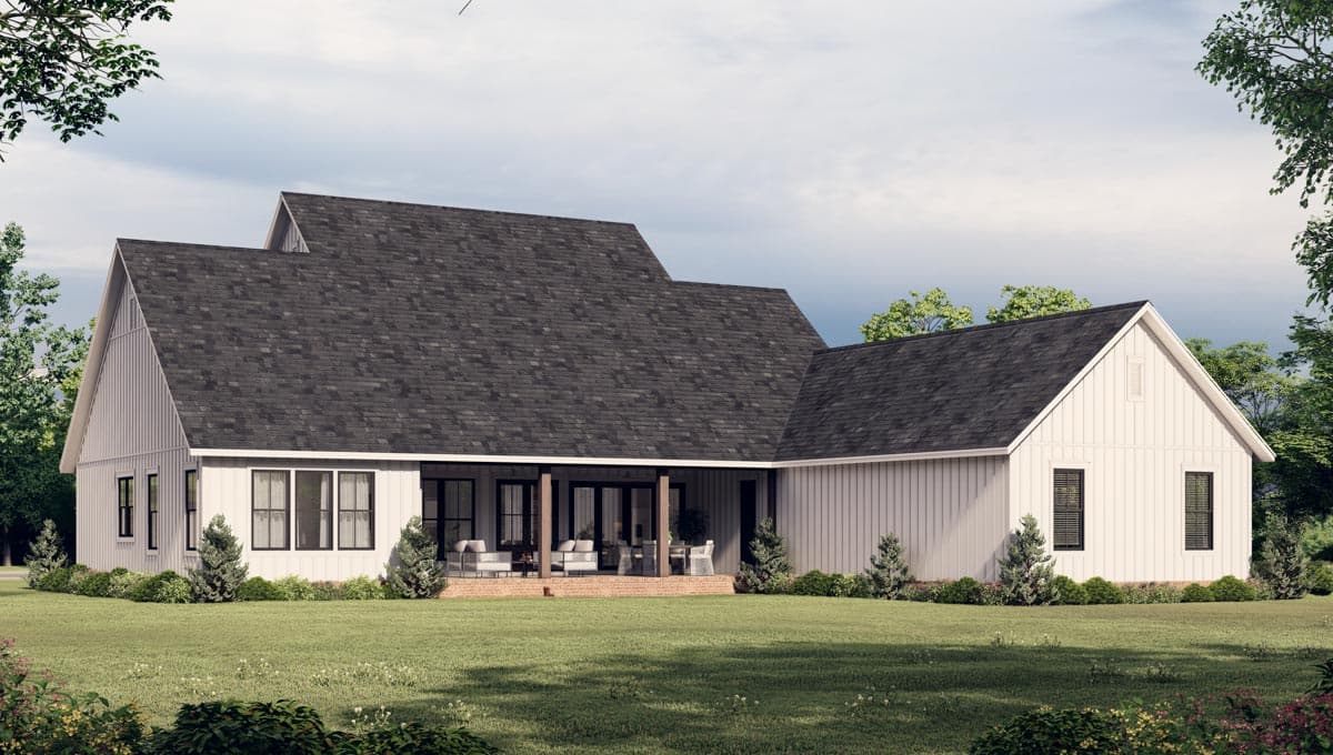Modern Farmhouse house plan exterior with vertical siding, gabled rooflines, and covered rear porch with wood posts.