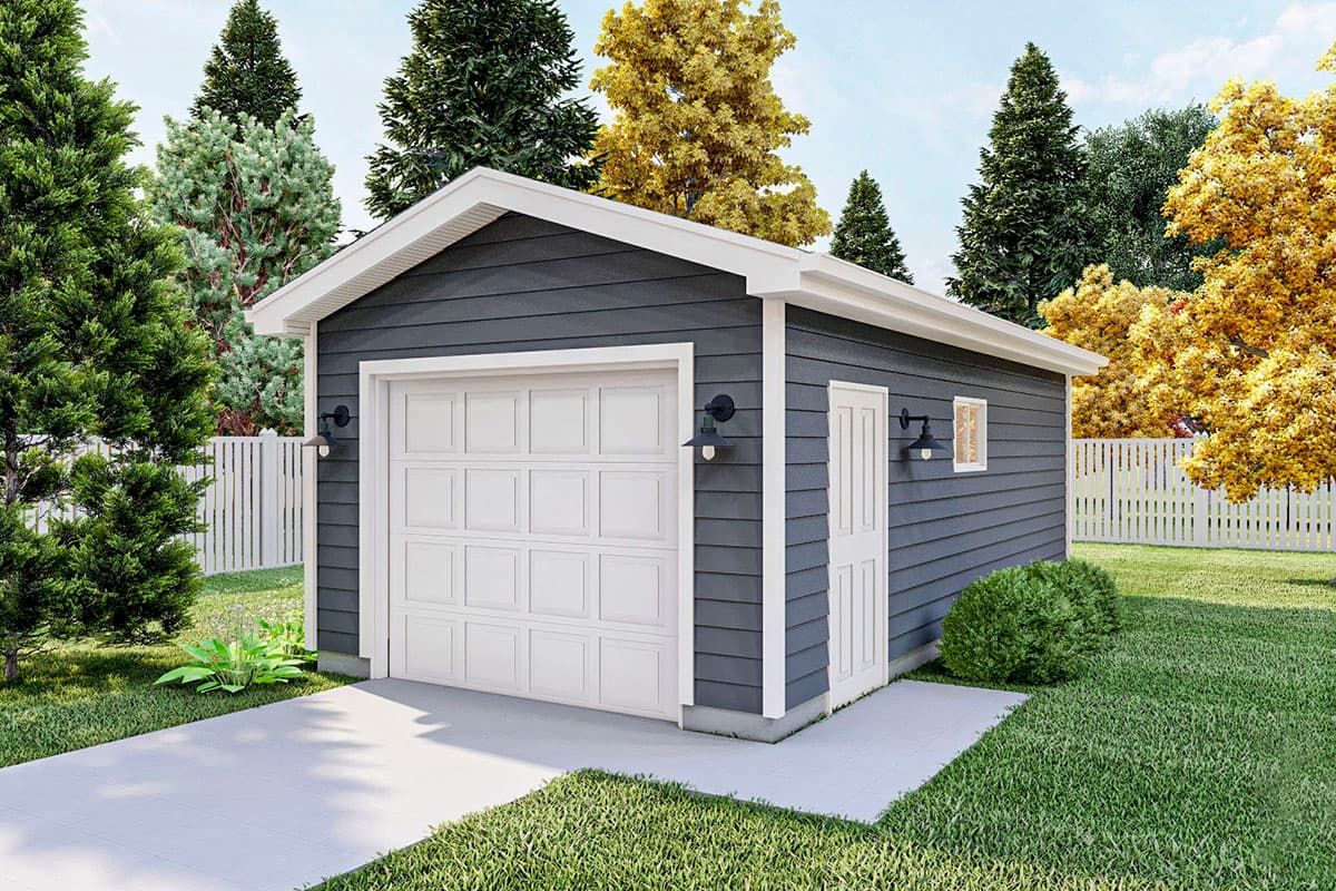 House plan exterior. One-story garage with gable roof, white trim, and a panel garage door. Includes a side door and sconce lighting.
