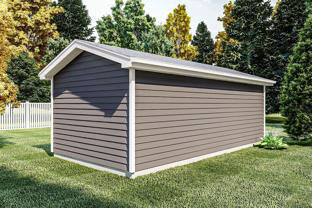 House plan exterior with horizontal siding, gable roof, and white trim.