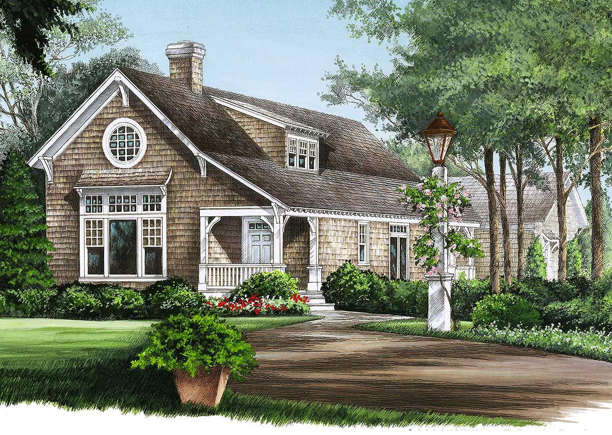 House plan exterior with shingle siding, prominent gables, circular attic window, and covered front porch with decorative supports.