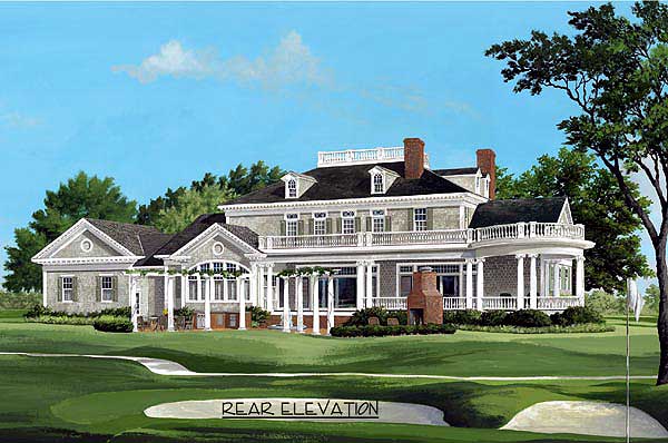 Rear elevation of a large, two-story house plan with a wrap-around porch, dormers, and multiple gables.