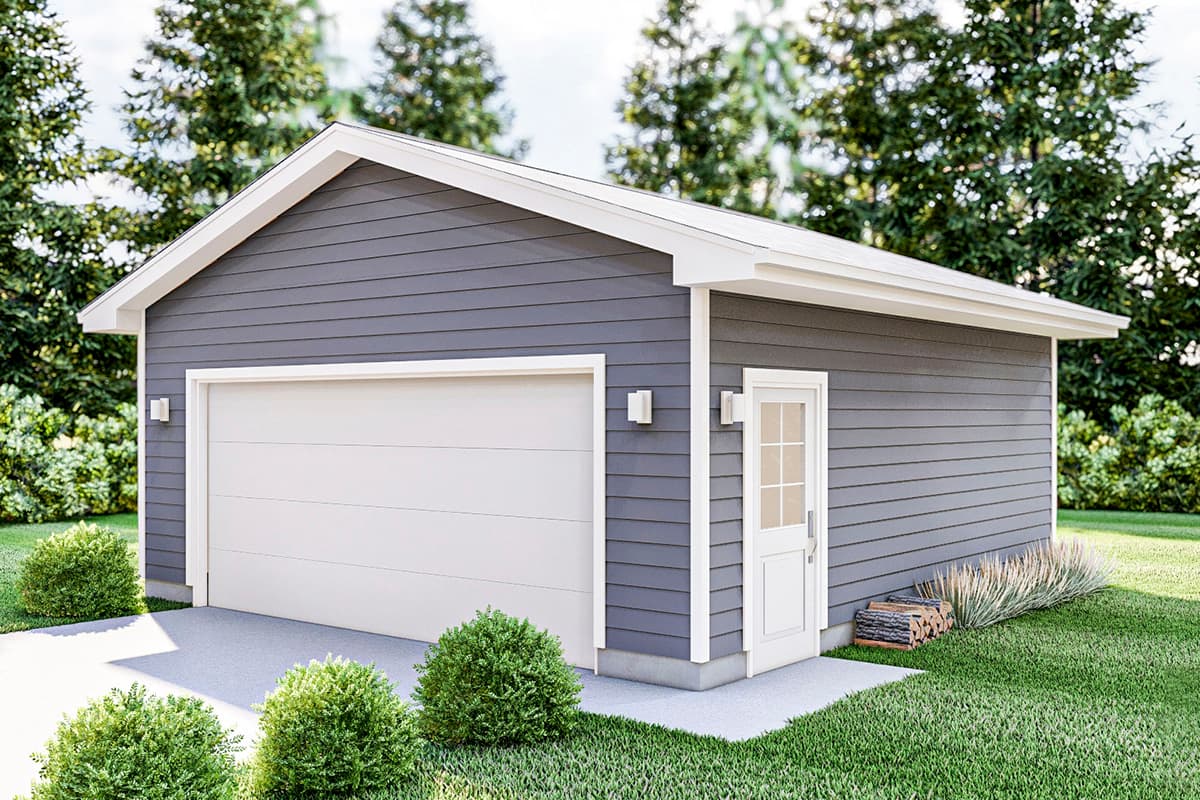 House plan exterior with gable roof, single-car garage, and a door with sidelights. Features gray horizontal siding and white trim.