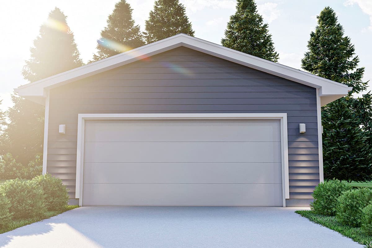 House plan exterior: One-story garage with horizontal siding, gable roof, and two exterior light fixtures.