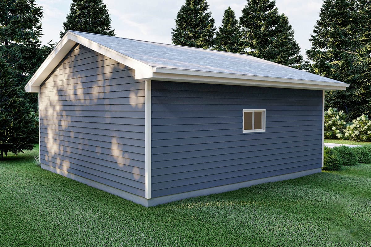 House plan exterior, single-story structure with vinyl siding, gable roof, and one small window.
