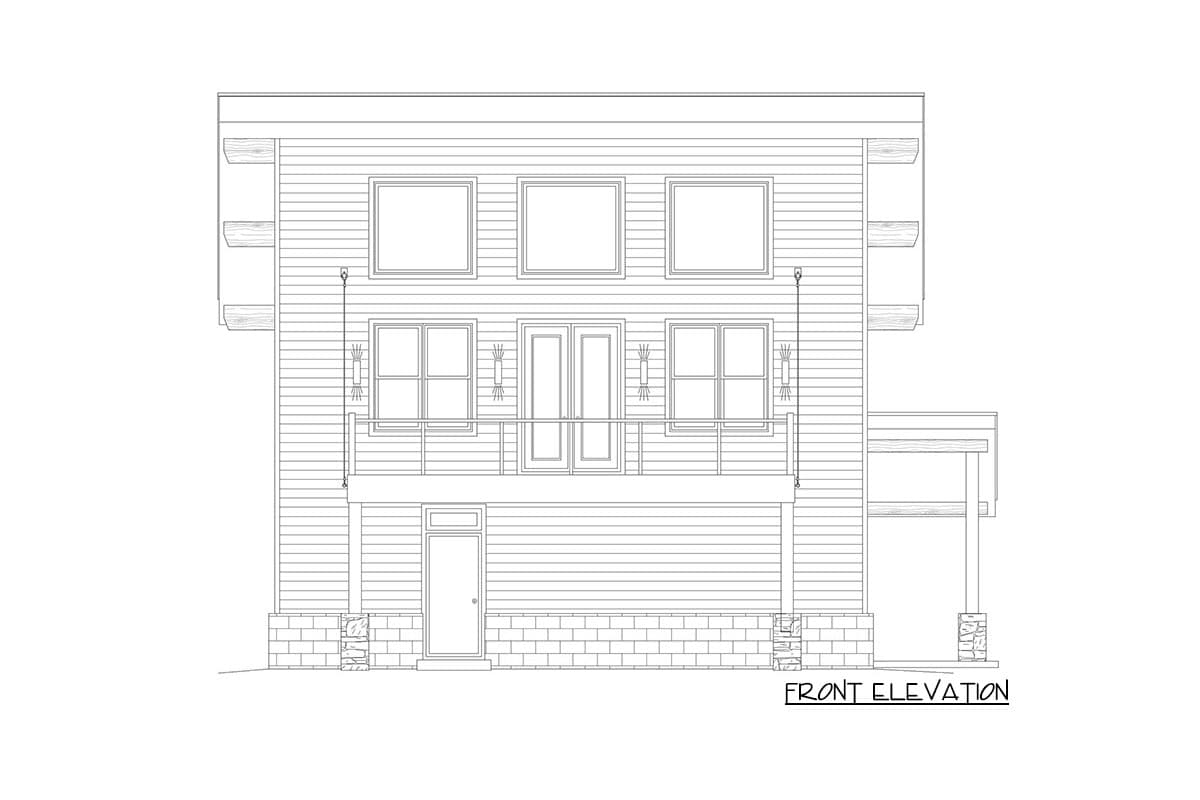 Front elevation house plan with three second-story windows, double doors, and a balcony. Main level has a single door and porch.