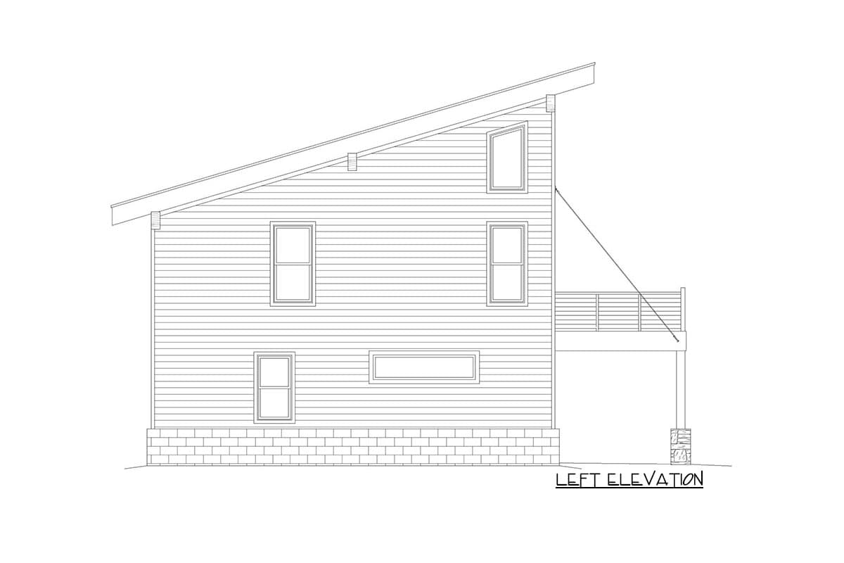 Left elevation drawing of a two-story house with horizontal siding, multiple windows, and a prominent asymmetrical roofline.