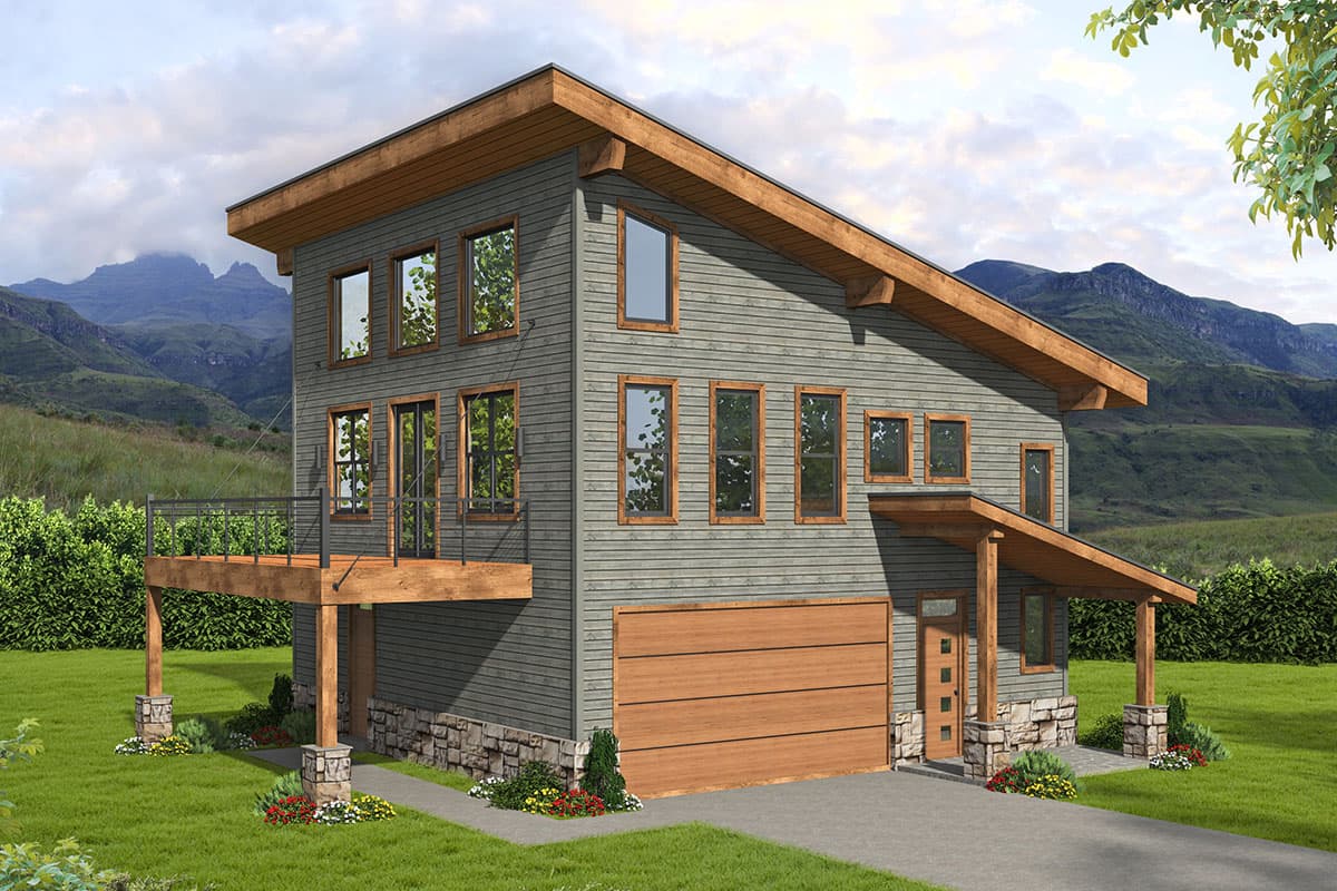 House plan exterior. Modern style, two-story home with covered entry, cantilevered deck, and attached garage. Angled rooflines.